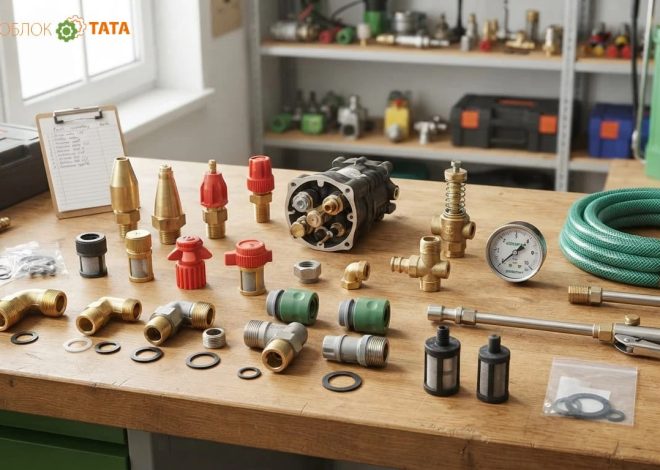 Assortment of brass and plastic plumbing fittings, hoses, a pressure gauge, and tools on a wooden workbench.