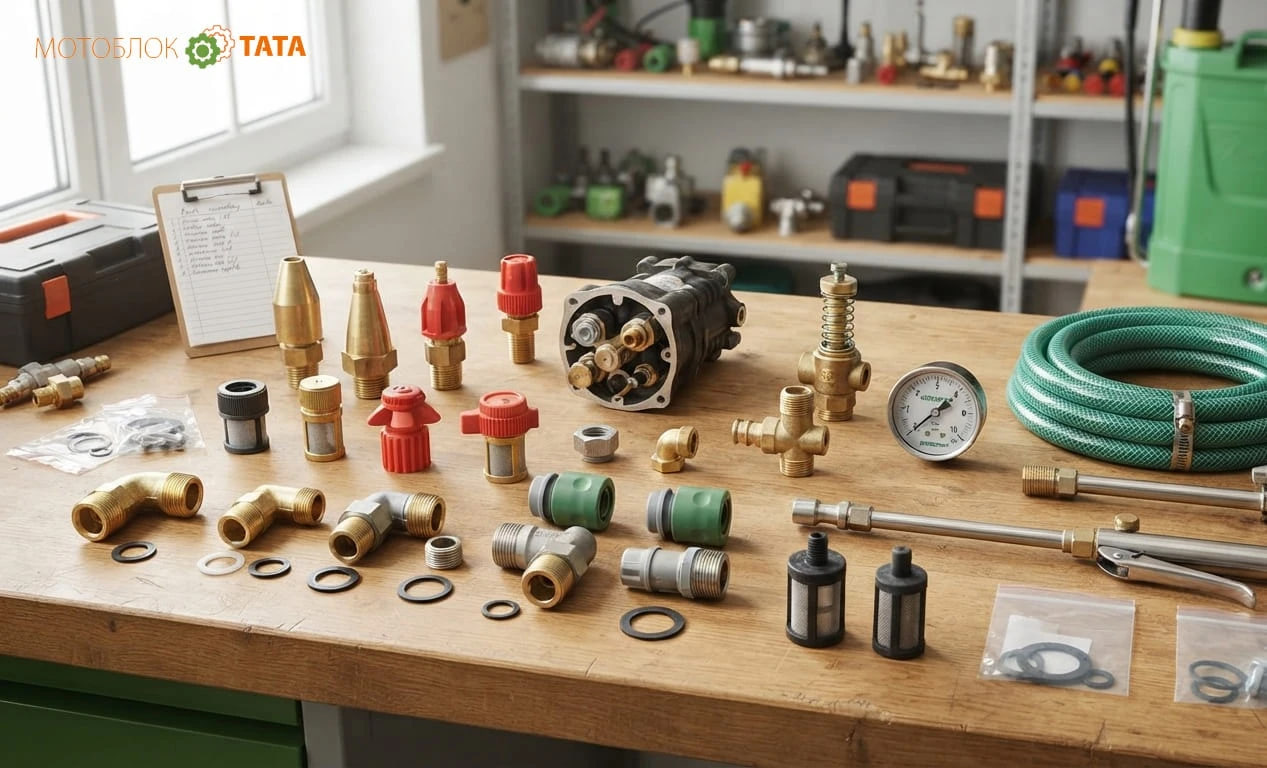 Assortment of brass and plastic plumbing fittings, hoses, a pressure gauge, and tools on a wooden workbench.
