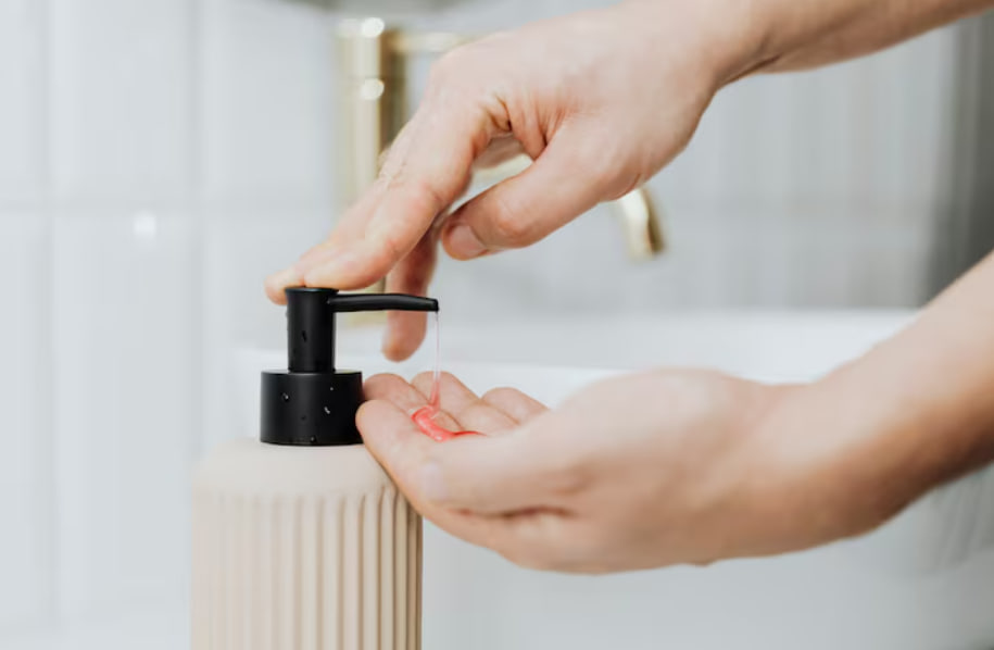Hands pressing the pump of a beige soap bottle to dispense liquid soap into the other hand.