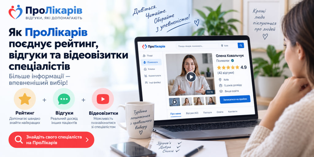 Інформаційне зображення сайту ПроЛікарів на ноутбуку, що рекламує сервіс з рейтингами, відгуками та відеовізитівками лікарів у Києві.