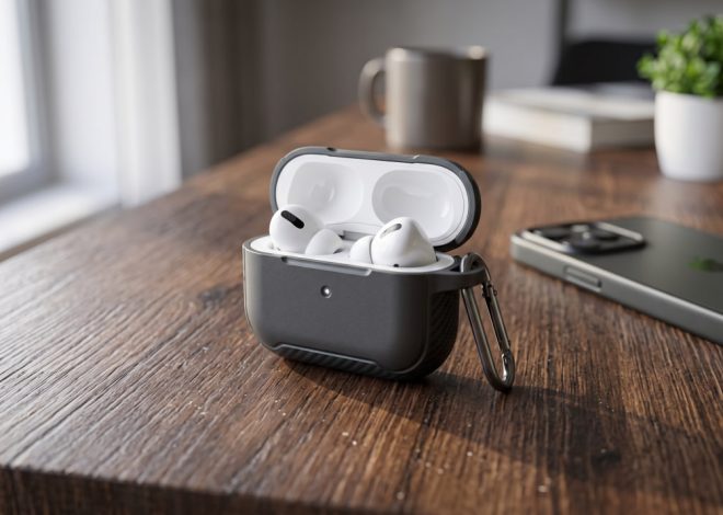 White wireless earbuds sit in an open charging case on a wooden table, with a smartphone, mug, plant, and books in the background.