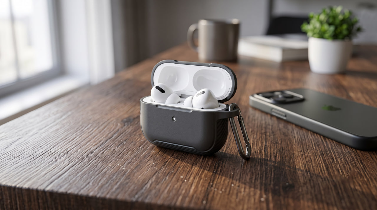 White wireless earbuds sit in an open charging case on a wooden table, with a smartphone, mug, plant, and books in the background.