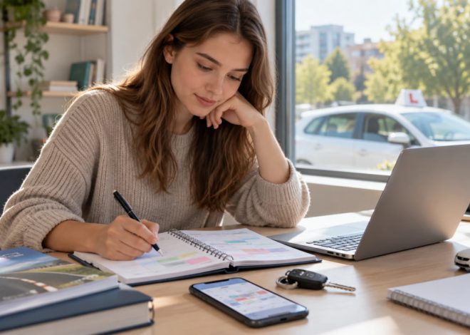 Woman studying at a bright desk by a window, writing in a notebook with a laptop nearby.