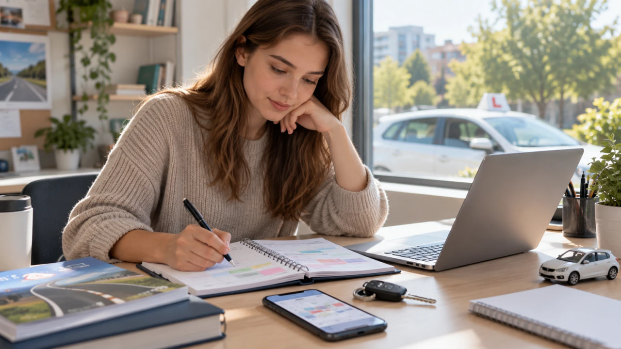 Woman studying at a bright desk by a window, writing in a notebook with a laptop nearby.