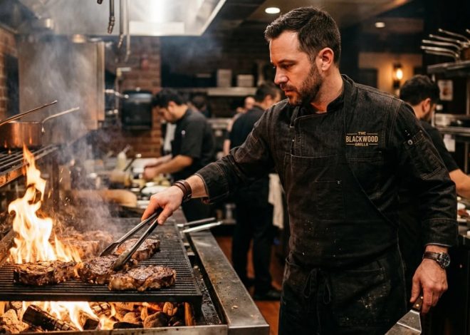 Chef in a black apron grilling steaks over an open flame on a busy restaurant kitchen stove.