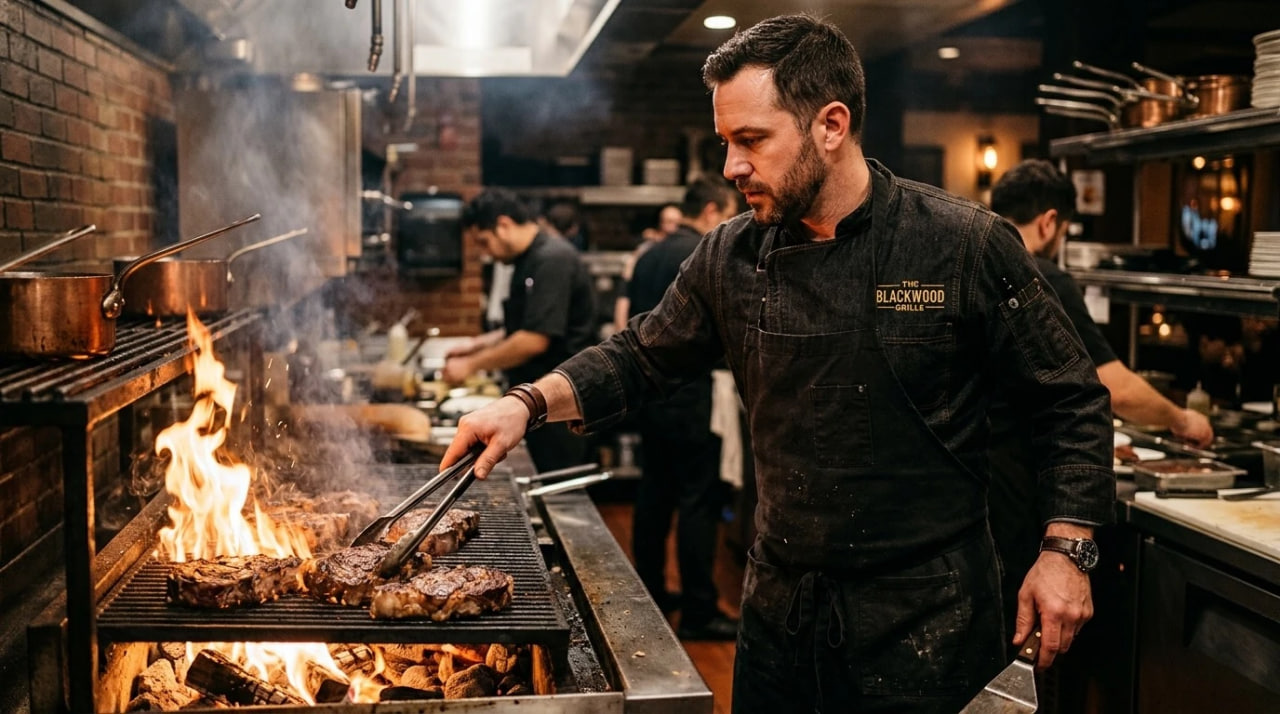 Chef in a black apron grilling steaks over an open flame on a busy restaurant kitchen stove.