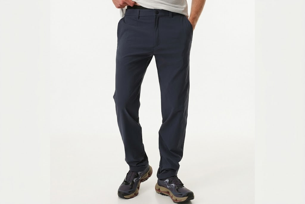 Person standing, wearing navy chinos or casual pants and dark hiking shoes, hands partially in pockets (front view).