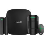 Ajax home security system kit with black hub, motion detector, two door/window sensors, and a remote control-the components arranged together for monitoring.