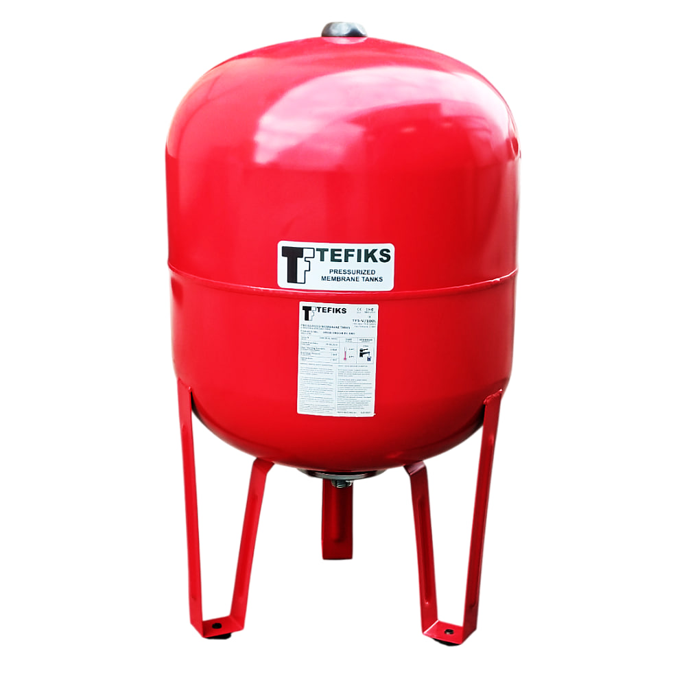 Red TEFIKS expansion/pressure tank on three sturdy legs, used in plumbing water systems.