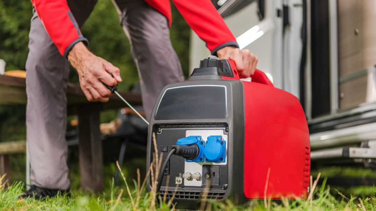 Person operating a red portable generator outdoors, connecting a cable to the blue outlet panel.