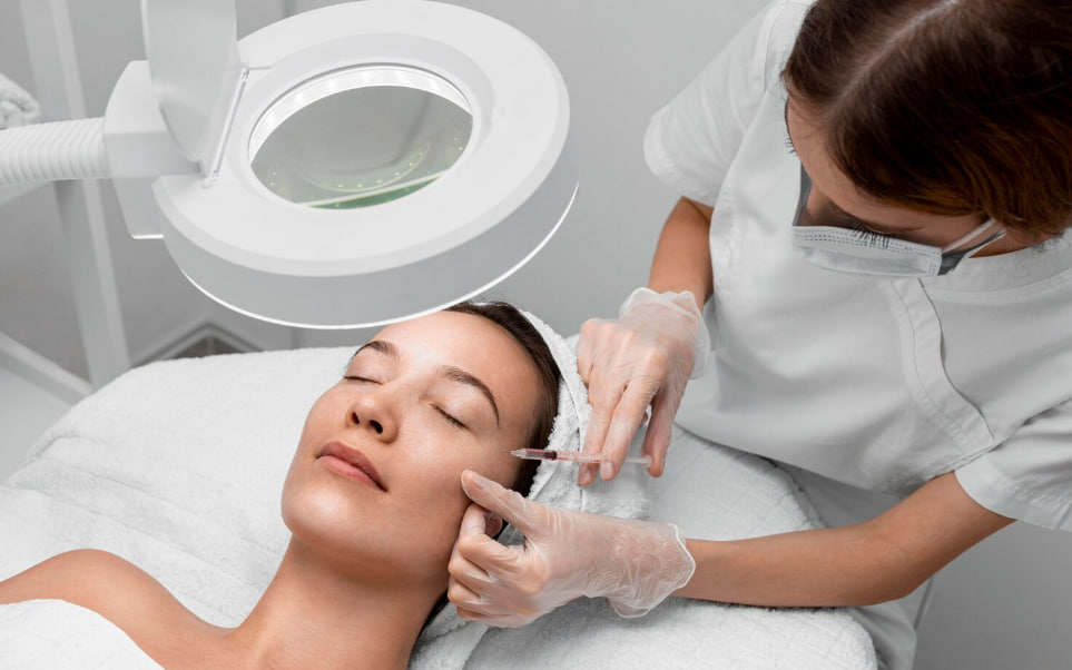 Clinician in gloves administers an injectable facial treatment to a woman under a magnifying lamp in a spa/clinic setting.