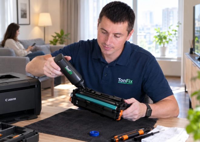 TonFix technician in a navy polo services a toner cartridge on a home desk with a Canon printer nearby.