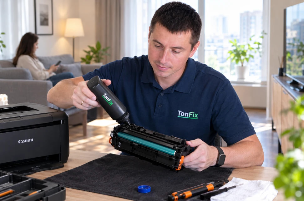 TonFix technician in a navy polo services a toner cartridge on a home desk with a Canon printer nearby.