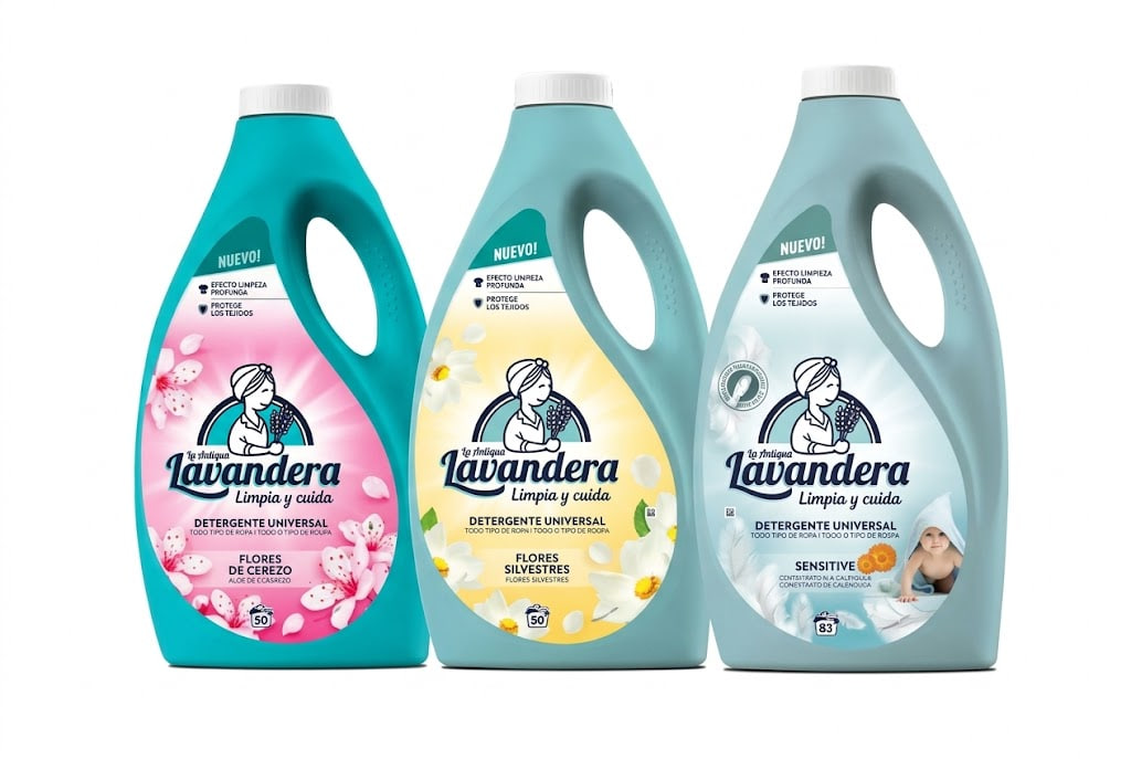 Three Lavandera universal laundry detergent bottles in turquoise, yellow floral, and light blue packaging lined up together, each with a handle on the side.