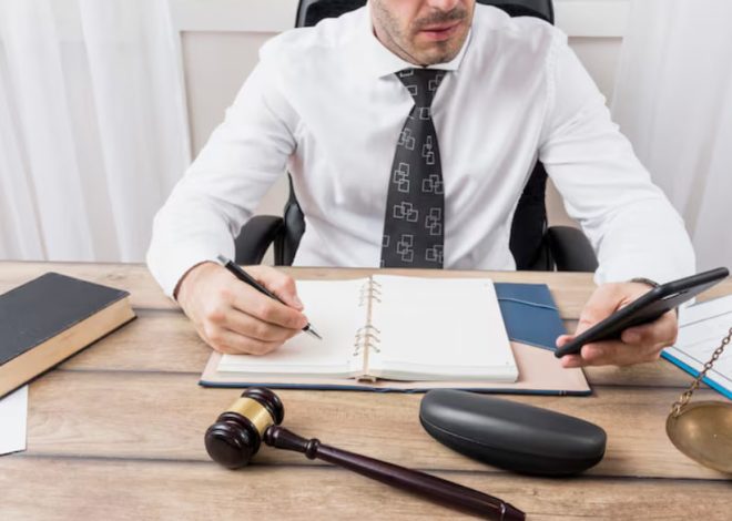 Lawyer at a desk writing in a notebook while holding a smartphone, with a gavel and scales nearby.