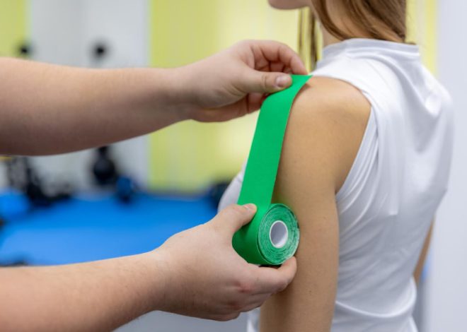 Therapist applies green kinesiology tape to a woman's shoulder for support and pain relief.