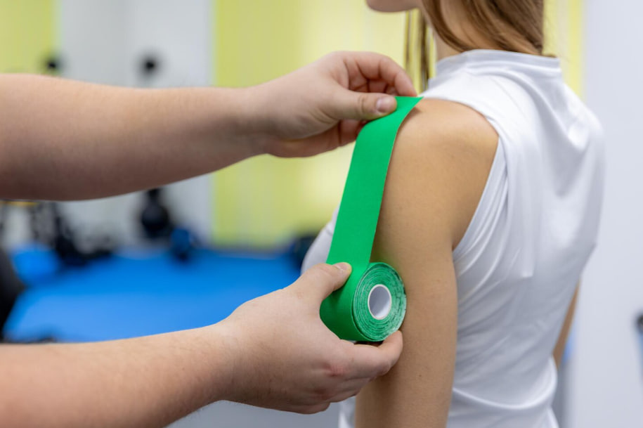 Therapist applies green kinesiology tape to a woman's shoulder for support and pain relief.