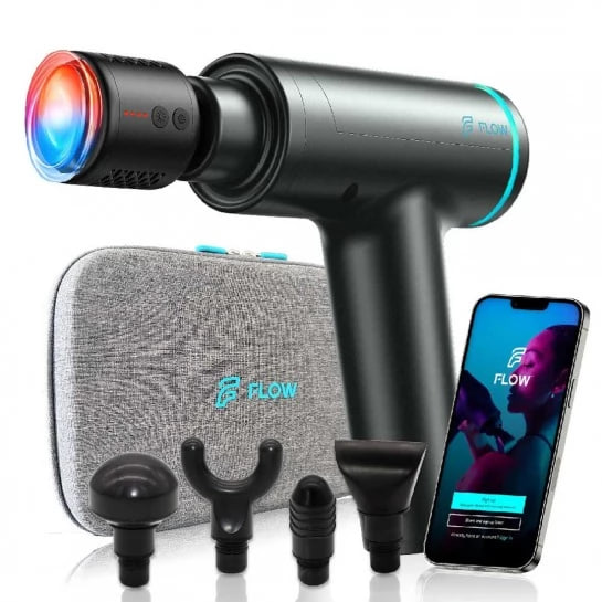 Flow percussion massage gun with interchangeable heads, a gray carrying case, and a phone displaying the Flow app.