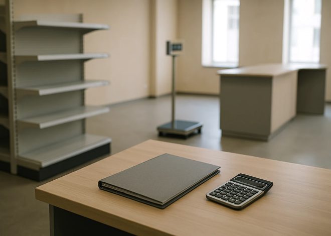 Desk with a closed notebook and calculator on a wooden surface in an empty office; shelves on the left and a scale in the background.