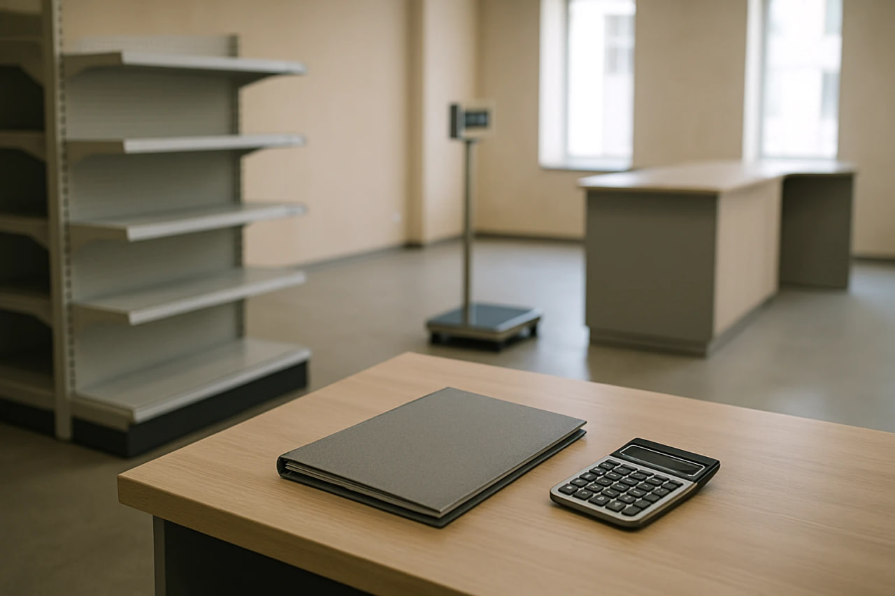 Desk with a closed notebook and calculator on a wooden surface in an empty office; shelves on the left and a scale in the background.