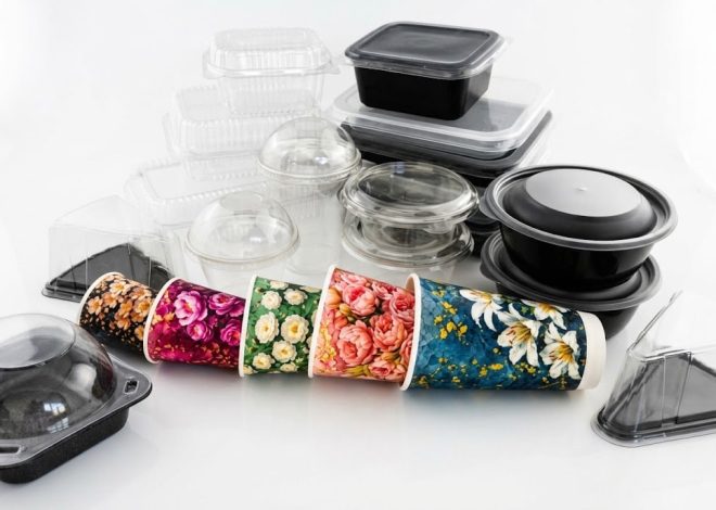 Assorted disposable food containers and floral-patterned paper cups arranged on a white surface.