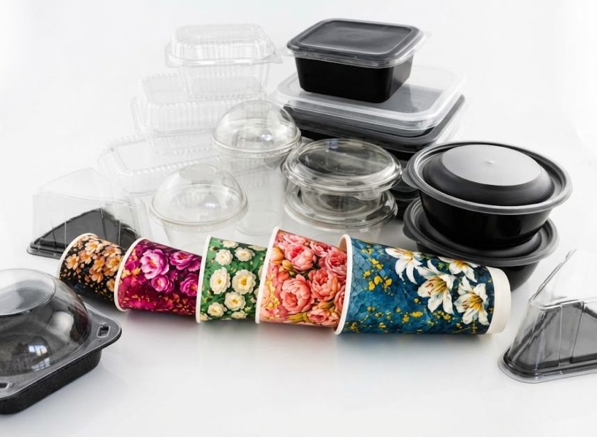 Assorted disposable food containers and floral-patterned paper cups arranged on a white surface.