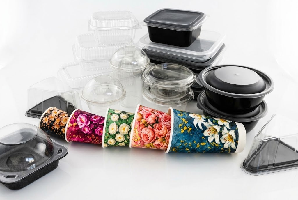 Assorted disposable food containers and floral-patterned paper cups arranged on a white surface.