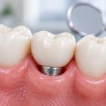 Dental implant healing abutment visible between two natural teeth in the gum, with a mirror in the background.
