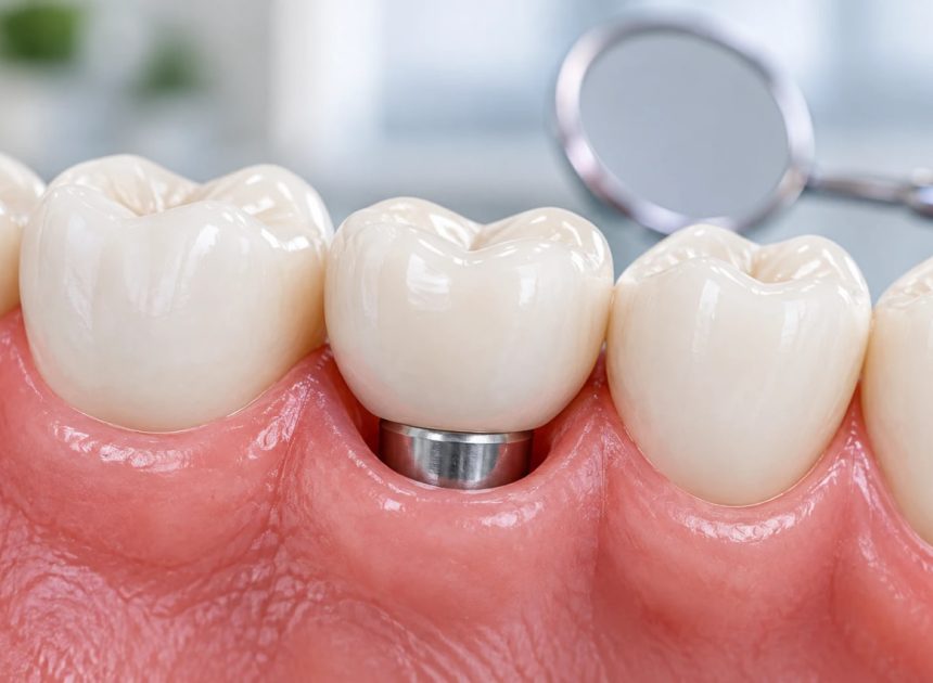 Dental implant healing abutment visible between two natural teeth in the gum, with a mirror in the background.