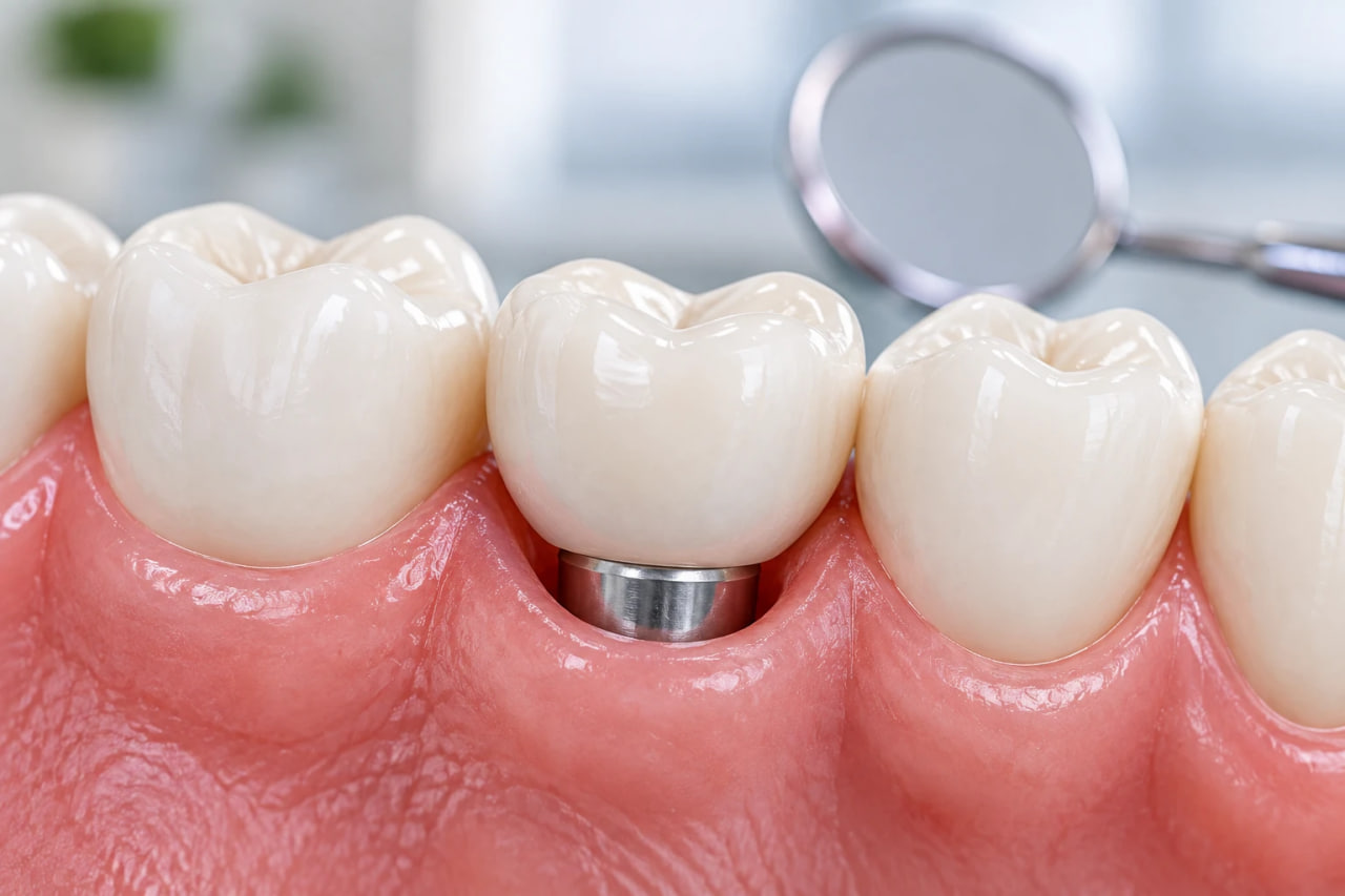 Dental implant healing abutment visible between two natural teeth in the gum, with a mirror in the background.