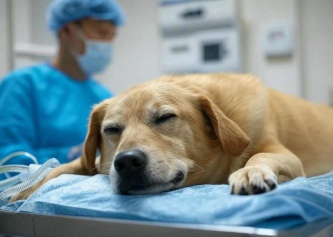 Golden retriever lying and sleeping on a blue drape in a veterinary clinic, vet in blue scrubs and mask in the background