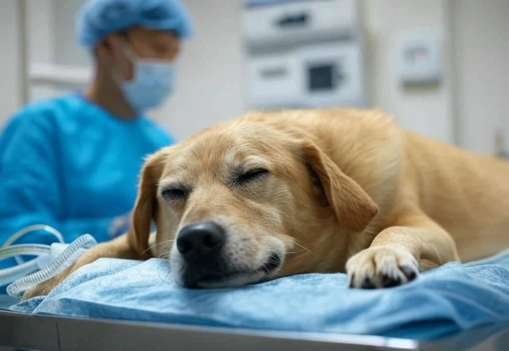 Golden retriever lying and sleeping on a blue drape in a veterinary clinic, vet in blue scrubs and mask in the background