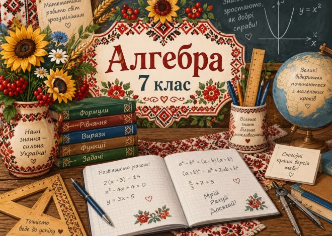 Colorful Ukrainian classroom still life with a sign 'Алгебра 7 клас', sunflowers, books, globe, notebook with equations, rulers and drawing tools.