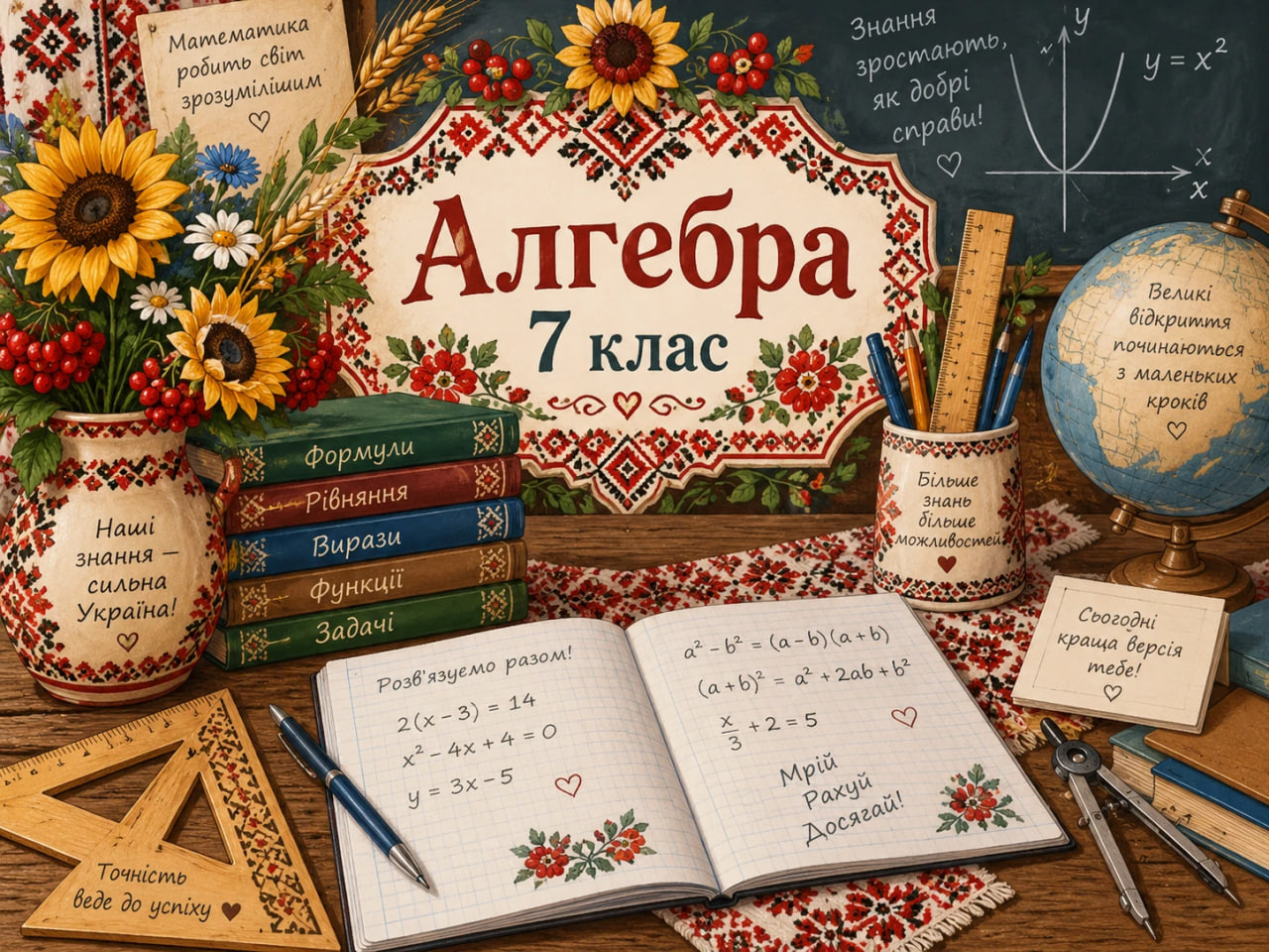 Colorful Ukrainian classroom still life with a sign 'Алгебра 7 клас', sunflowers, books, globe, notebook with equations, rulers and drawing tools.