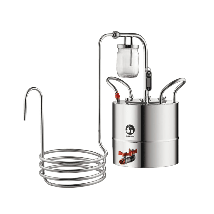 Stainless steel distillation unit with coil condenser and a collection jar for distilling liquids.