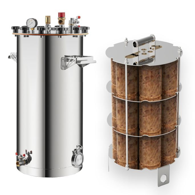 photo_2026-09-22_18-25-23 - TYME BLOG Two vertical stainless-steel tanks: left a pressure vessel with gauges and valves, right a sausage smoker filled with stacked casings.