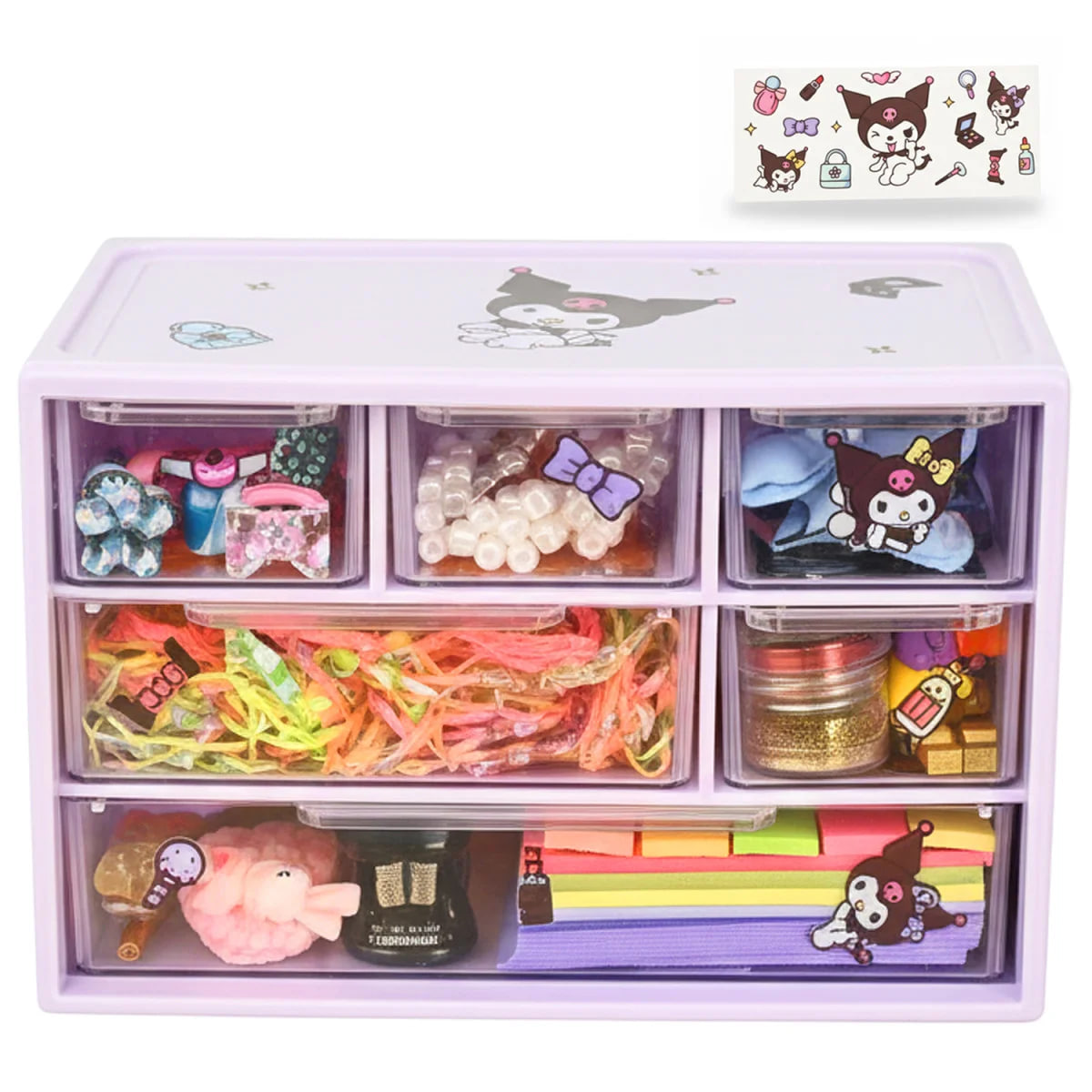 Purple plastic craft storage organizer with clear drawers filled with beads, ribbons, clips, and stickers; decorated with cute cartoon characters.
