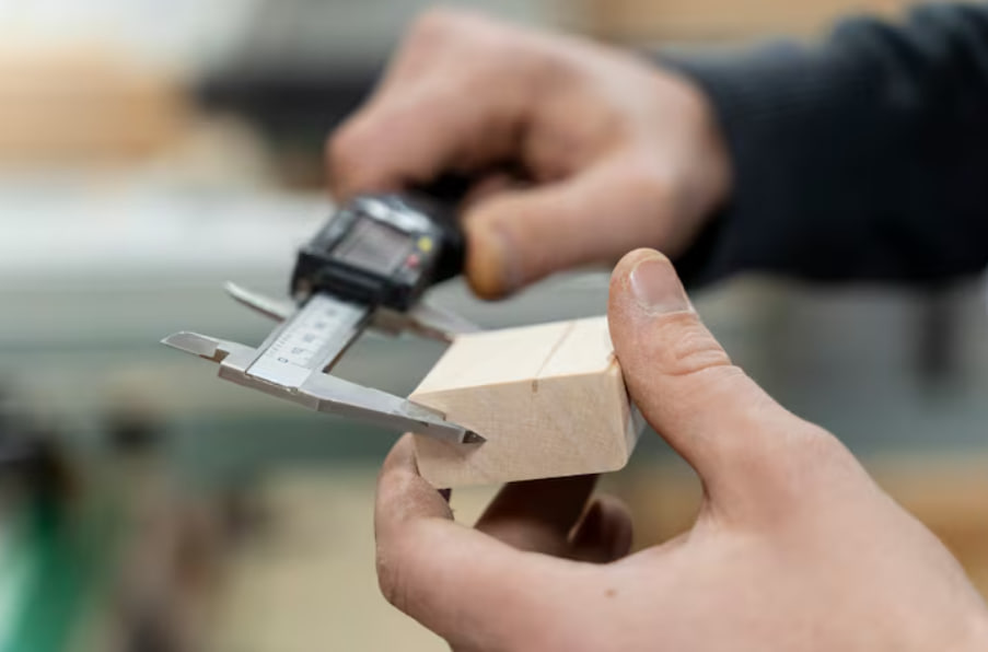 Hands hold a small wooden block while a caliper measures its dimensions in a workshop setting.