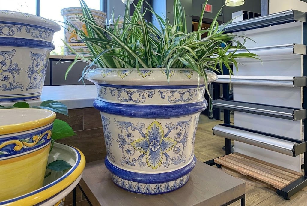 Decorative blue-and-white ceramic planter with a green spiky plant on a table, in a showroom.