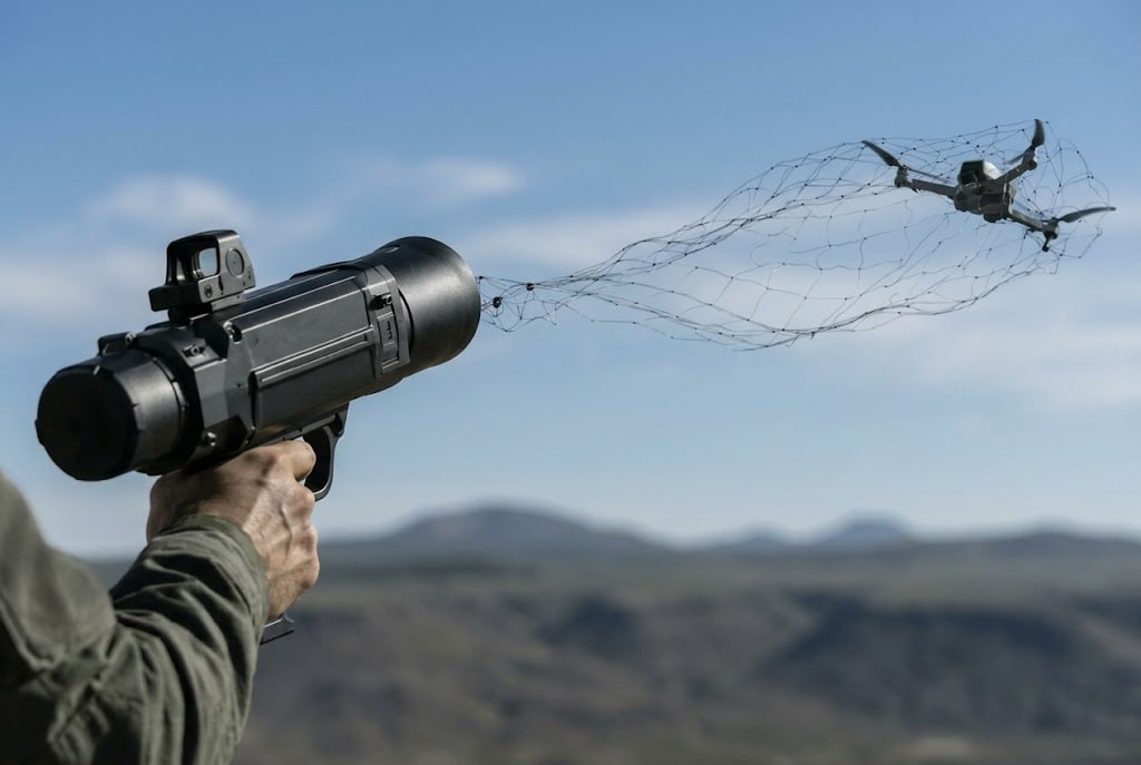 Person aiming a black net launcher and releasing a net toward a quadcopter drone flying low over a desert landscape