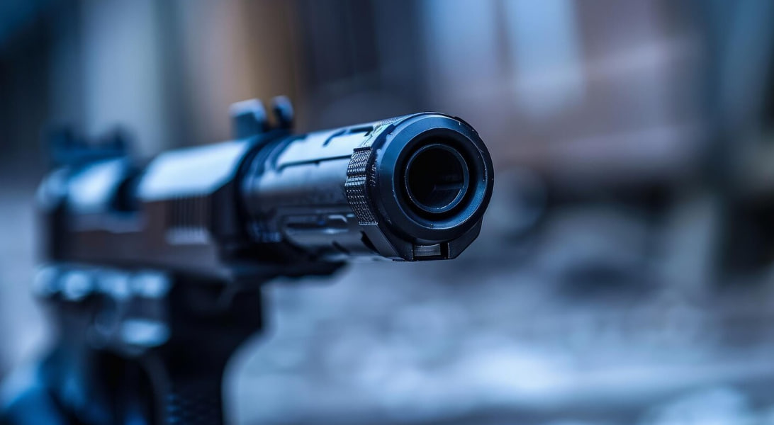 Close-up of a black pistol barrel aimed toward the camera with a blue-toned background.
