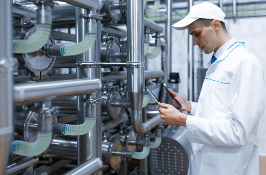 Technician in a white coat and cap inspecting a stainless steel piping system with a tablet in hand.