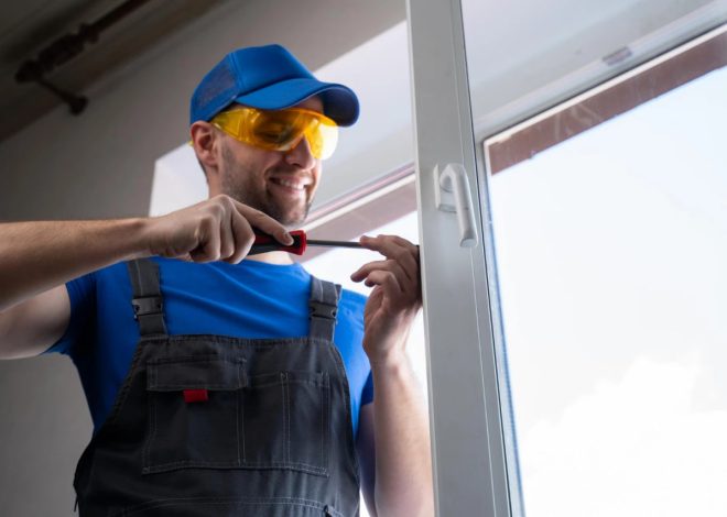Male worker in a blue cap and orange safety glasses tightens a screwdriver at a window frame.