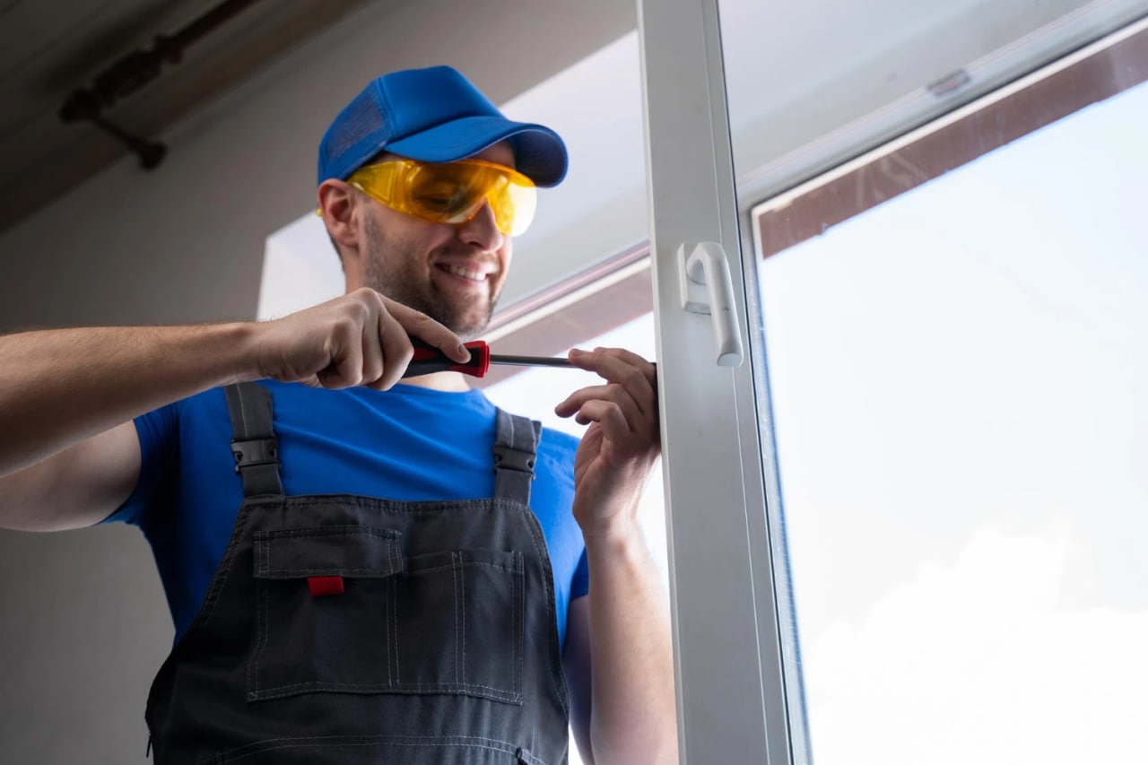 Male worker in a blue cap and orange safety glasses tightens a screwdriver at a window frame.