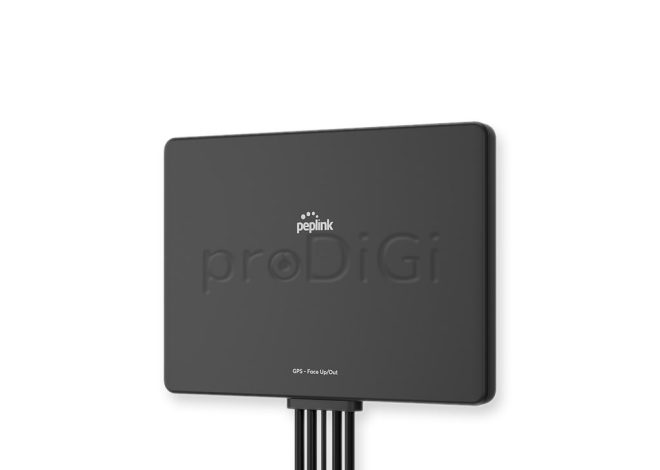Black Peplink proDiGi GPS device with multiple cables extending from the bottom, mounted from the back of a panel.
