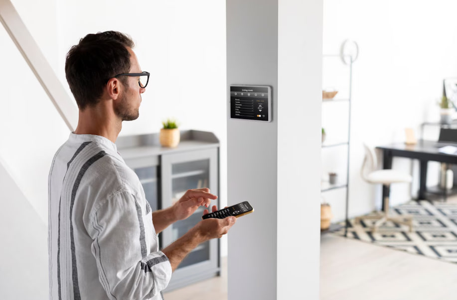 Man in a striped shirt uses a remote to control a wall-mounted smart home panel in a bright open living area.