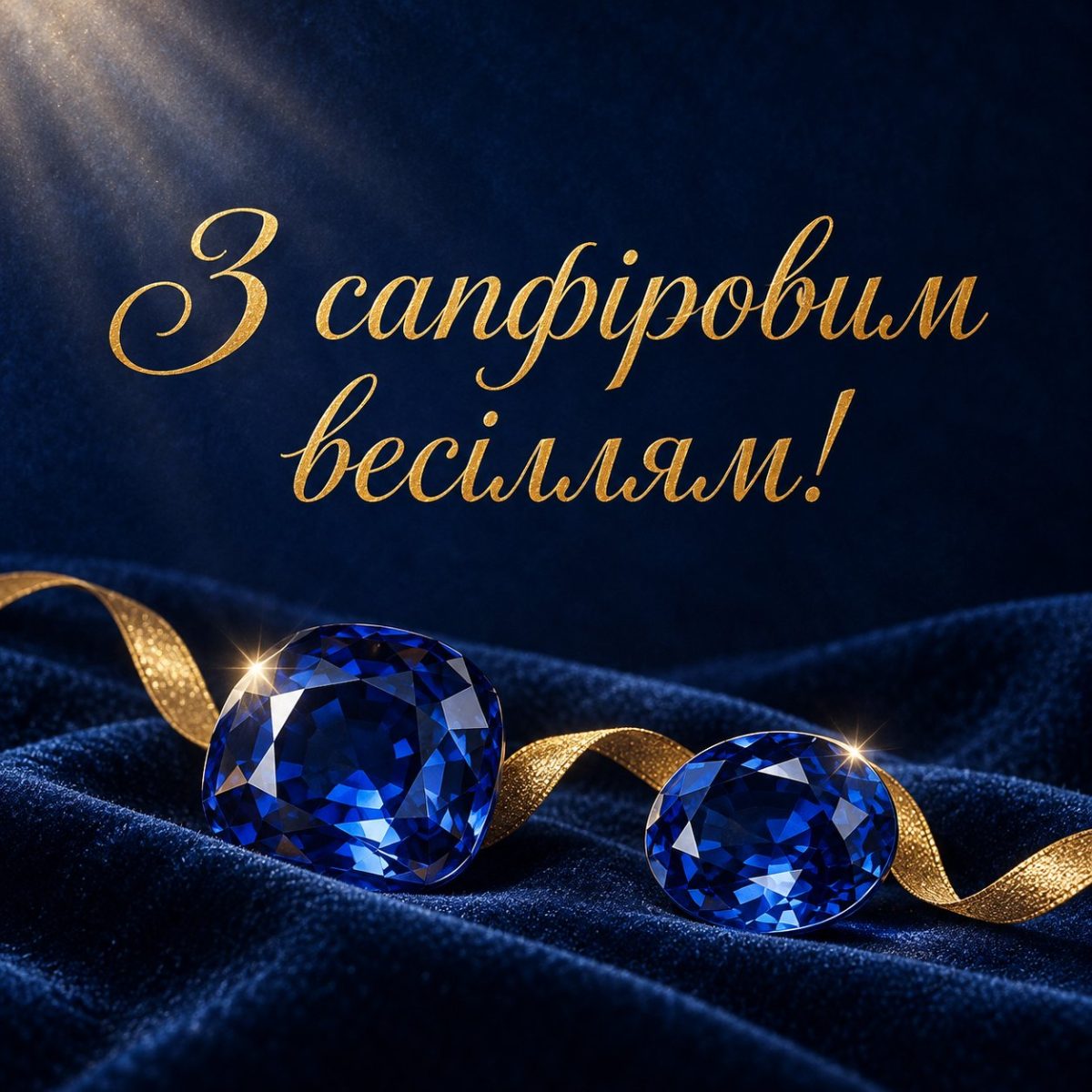 Листівка «З сапфіровим весіллям!» з двома сапфірами на синьому оксамиті