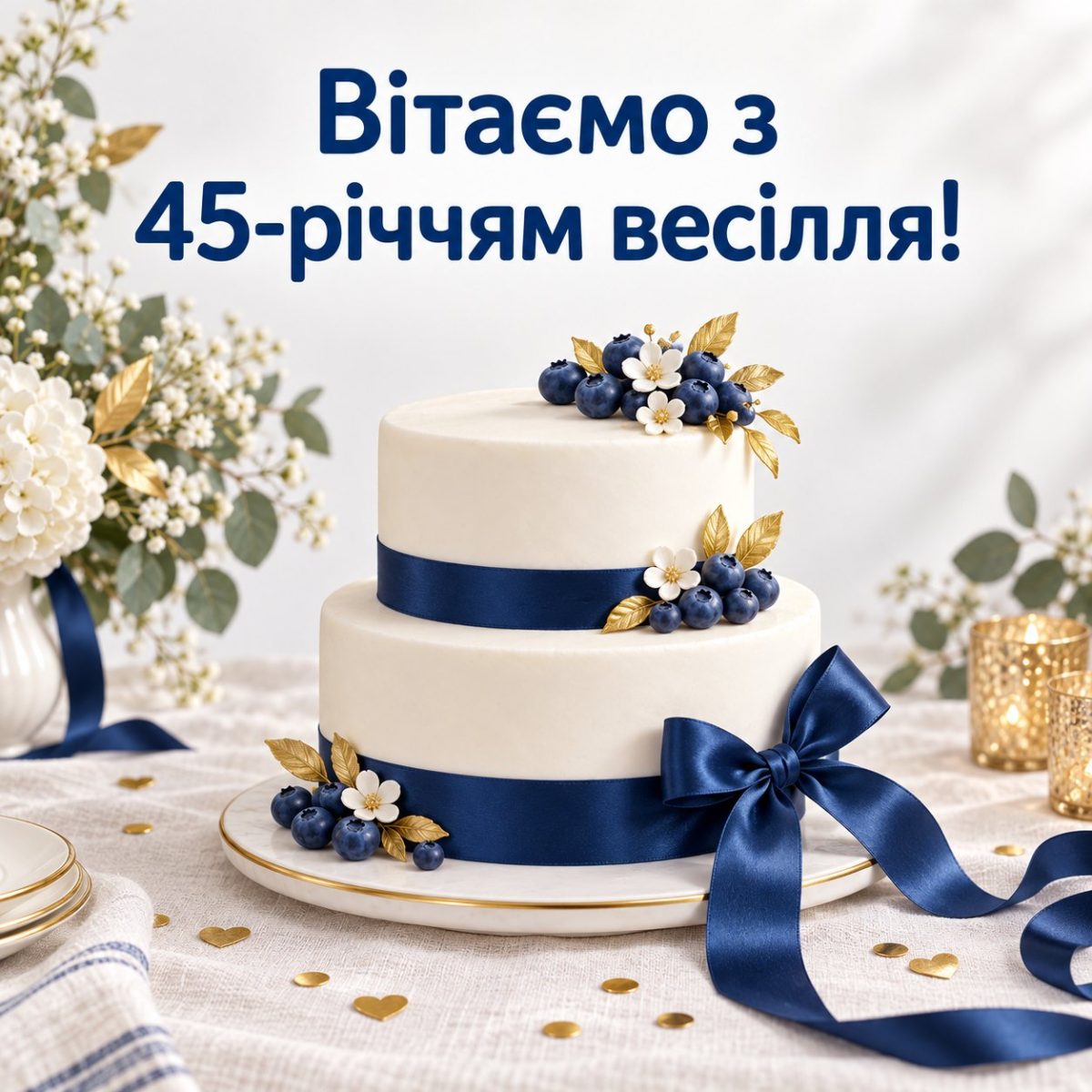 Листівка «Вітаємо з 45-річчям весілля!» з білим тортом і синьою стрічкою