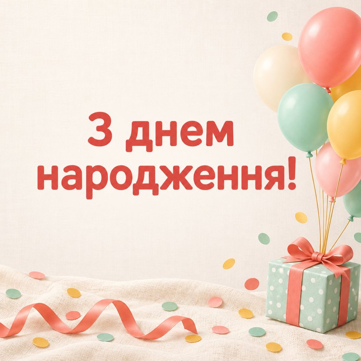 Листівка «З днем народження!» з пастельними кульками і подарунком