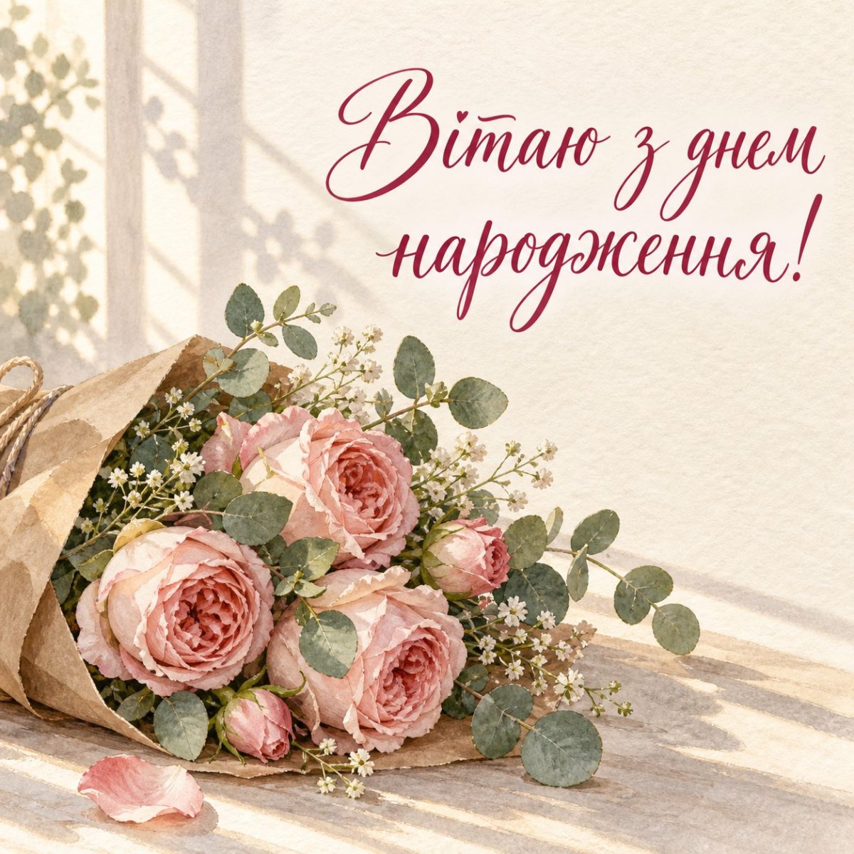 Листівка «Вітаю з днем народження!» з трояндами і евкаліптом у крафт-папері, акварель